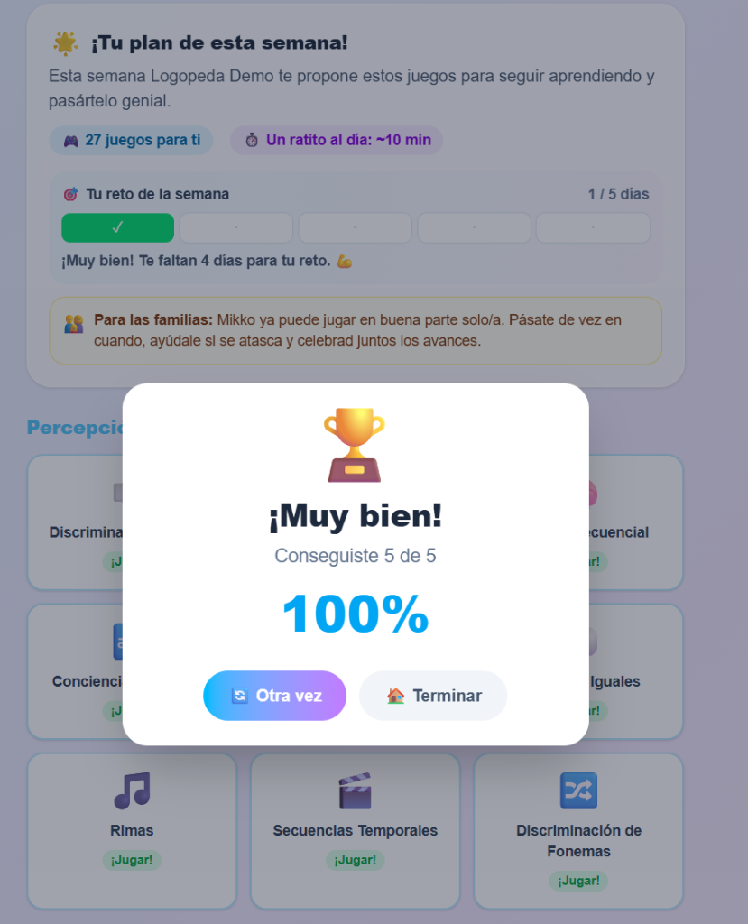 Pantalla de logros 100% de SpeakiKids
